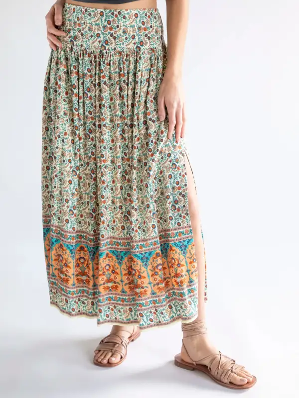 Addie Midi Skirt - Cream Orange Border