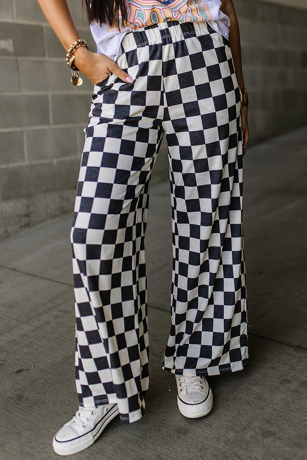 2-Tone Checked Print High Waist Wide Leg Pants