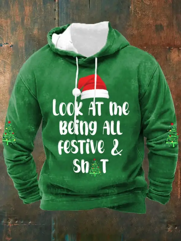 Men's Funny Christmas Look At Me Being All Festive And Shit Christmas Tree Print Casual Hoodie