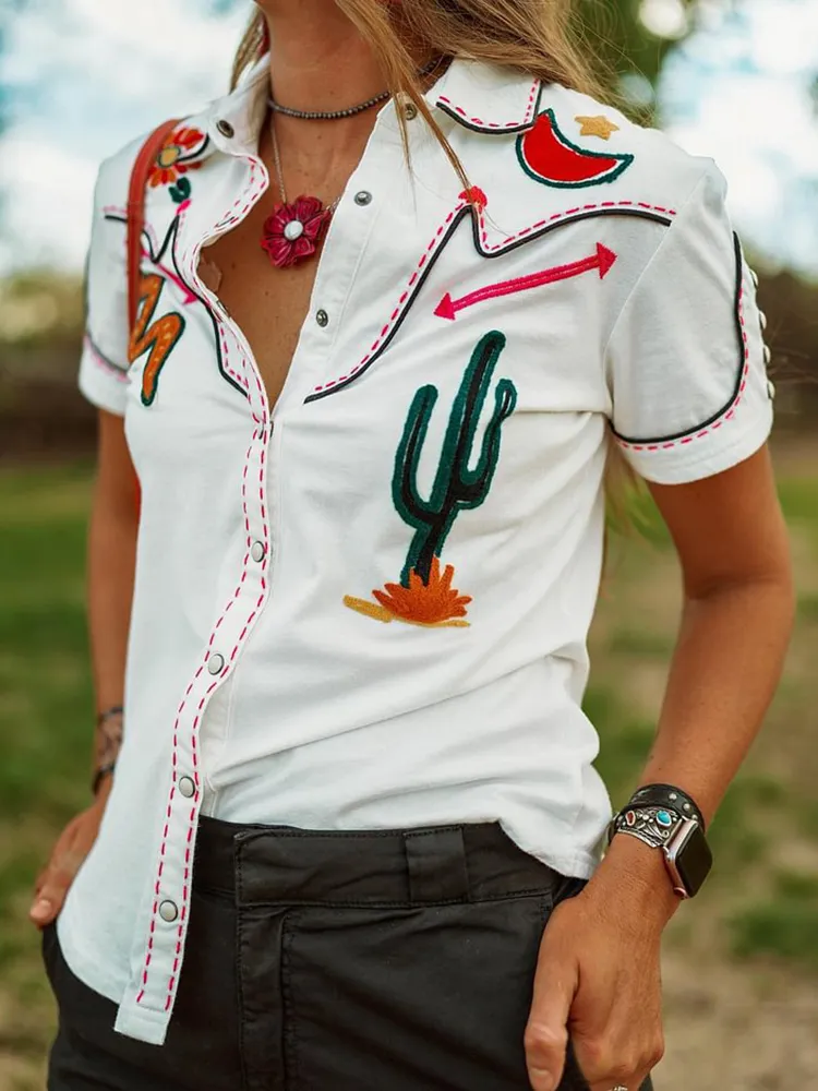 Casual Fun Cactus Western Style Contrasting Colors Rodeo Shirt