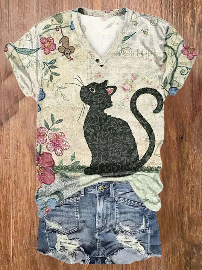 Women's Vintage Cat Short Sleeve T-Shirt