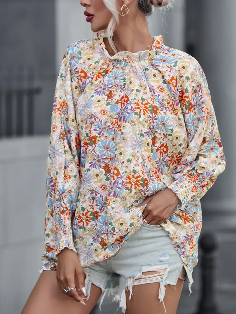 Multicolor Shirred Cuffs Bubble Sleeve Floral Blouse