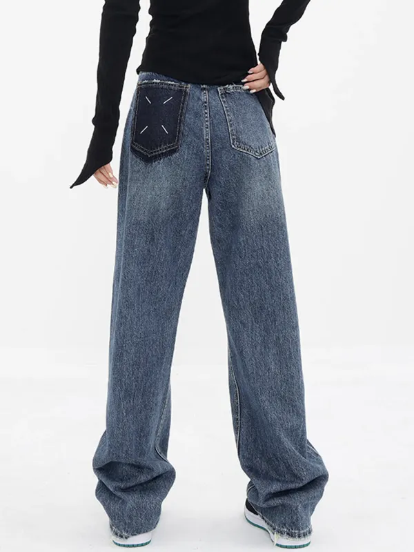 Patchwork Pockets Denim Wide Leg Boyfriend Jeans