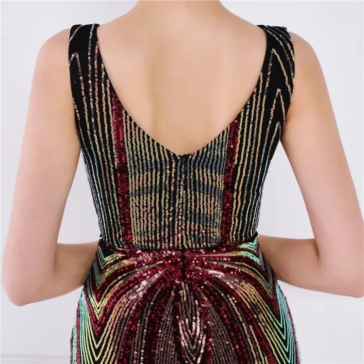 Women Summer Red Formal V-neck Sleeveless Patchwork Sequined Mermaid Evening Dress