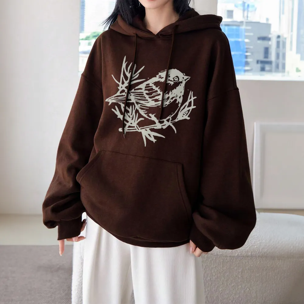 CUTE LITTLE BIRD PATTERN PRINTED HOODIE