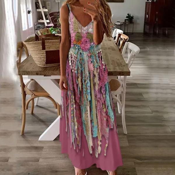 Western Tassel Print Suspender Maxi Dress