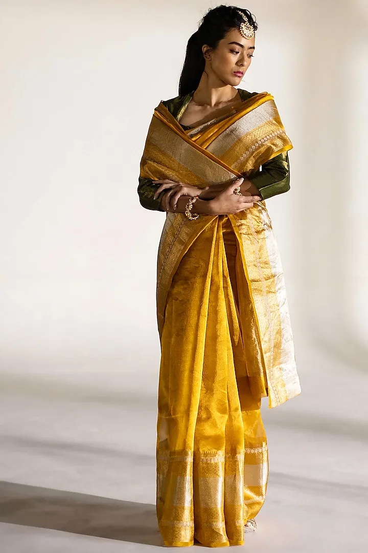 Mustard Tissue Silk Woven Saree Set