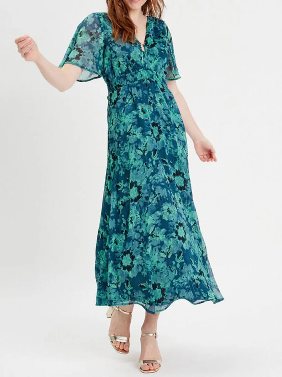 Robe longue évasée bleu femme