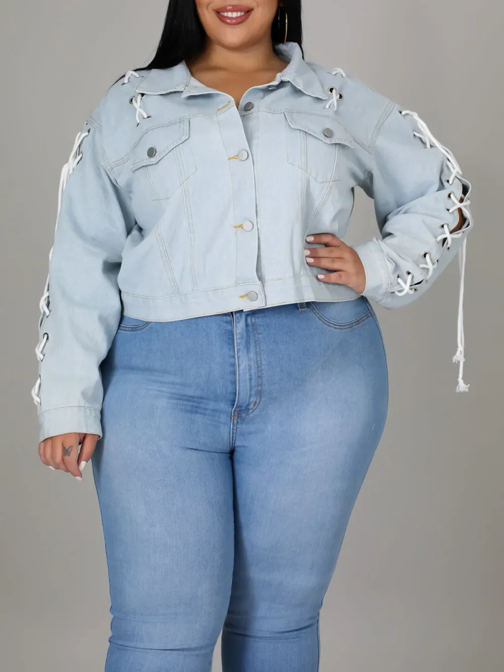 Plus-Size Fashion Women'S Lace-Up Denim Jacket