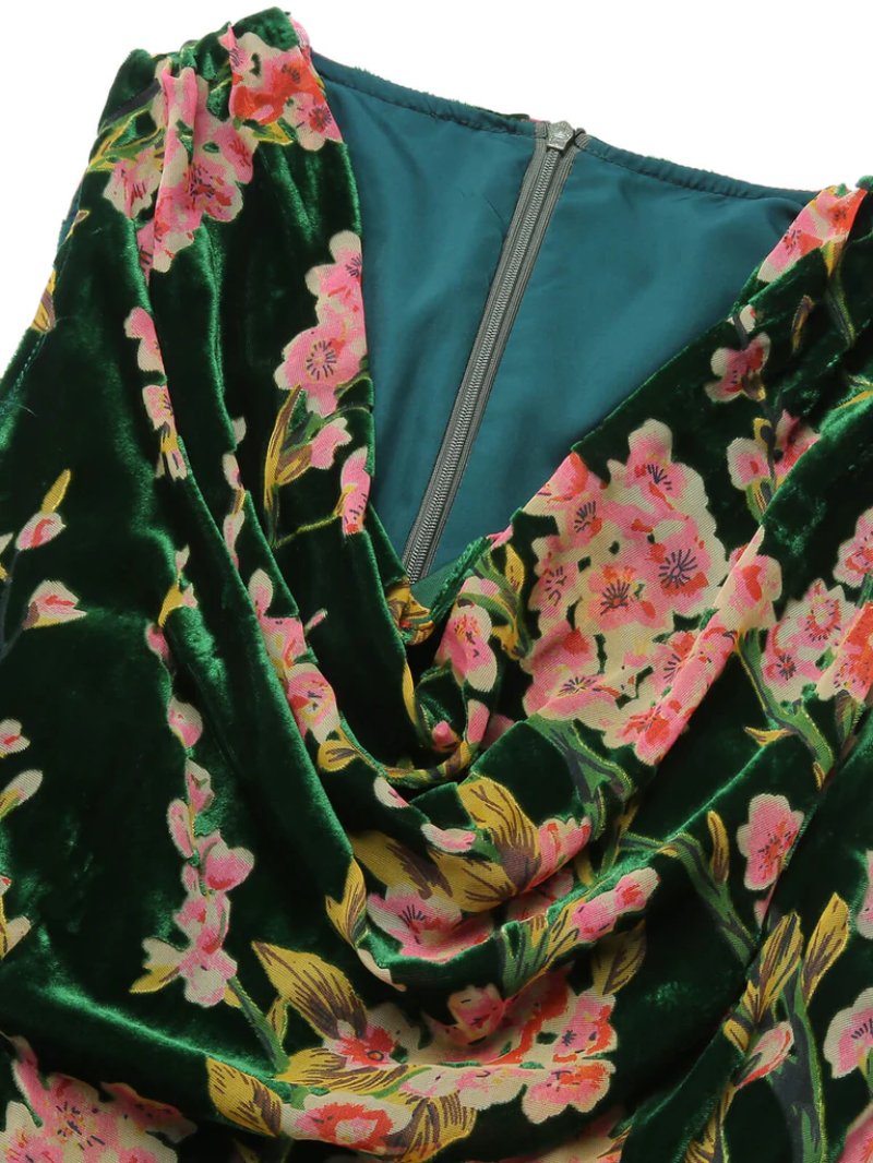 GREEN 1930S FLORAL VELVET SLEEVELESS DRESS